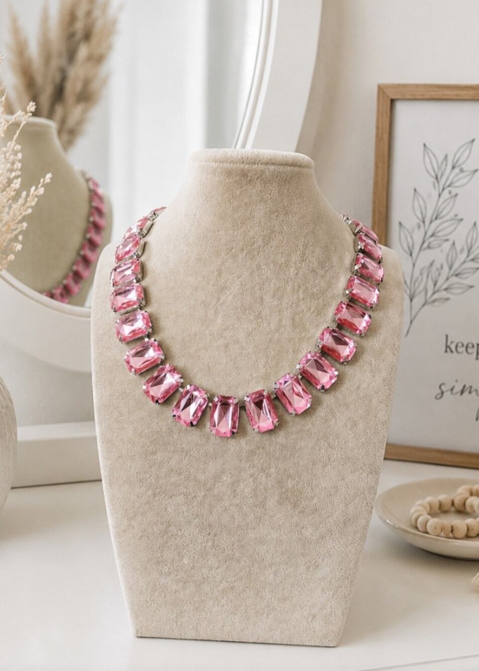 Pink Large Stone Necklace Silver Metal New